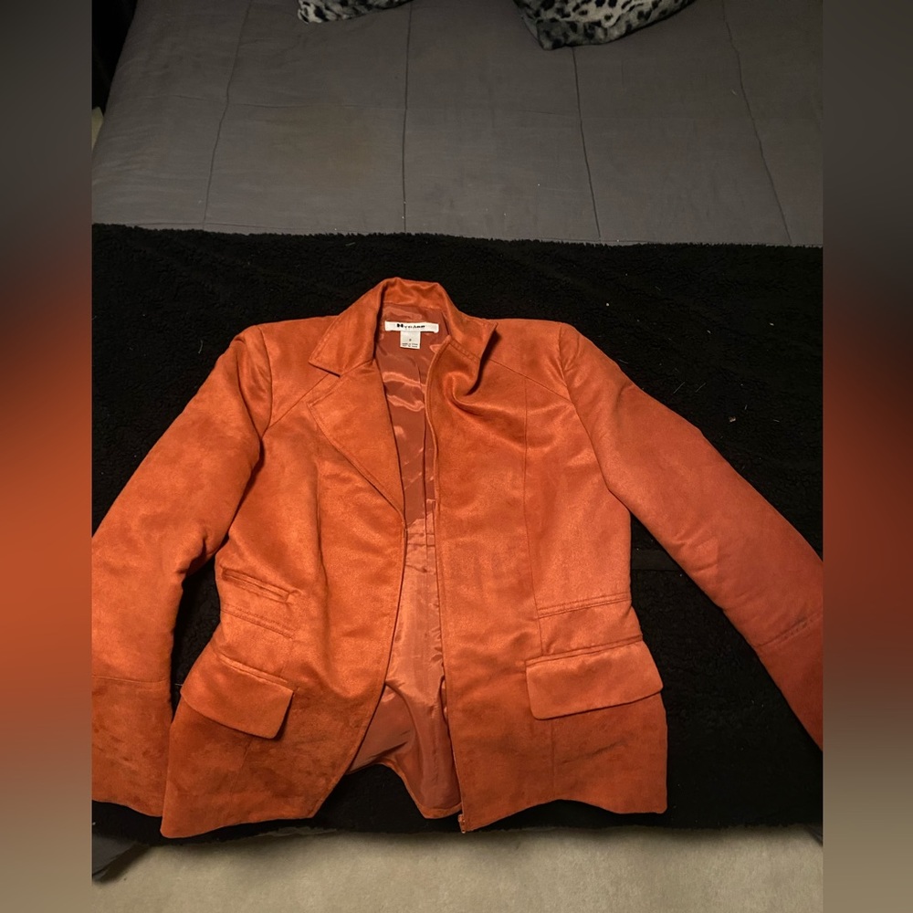 Nygard blazer; velvet material in burnt orange